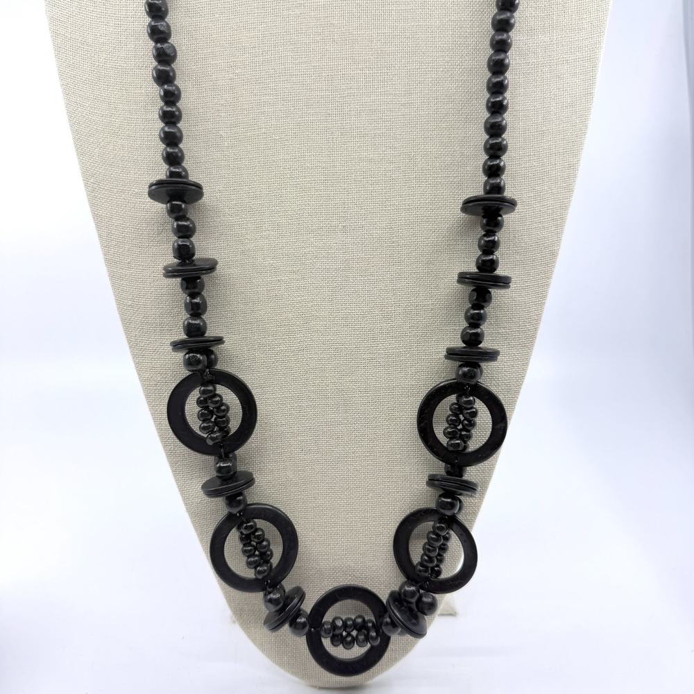 Long Black Wooden Statement Necklace Geometric Circle Boho Chunky Layering Piece